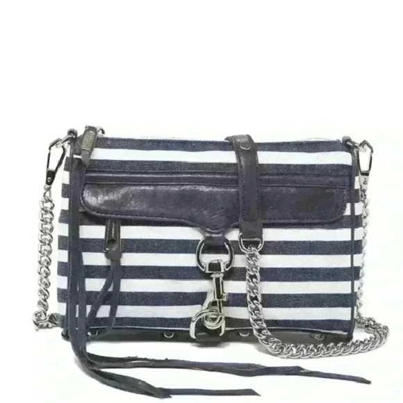 Rebecca Minkroff navy white striped cross body with shiny silver hardware. - Picture 1 of 5